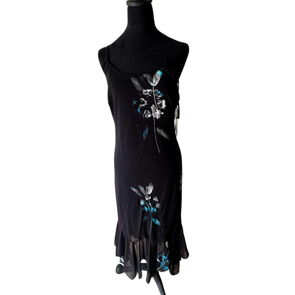 Women's‎ Size 10 Eva Blue Slip Dress Floral Black Y2K Festival Beaded Strap Flaw